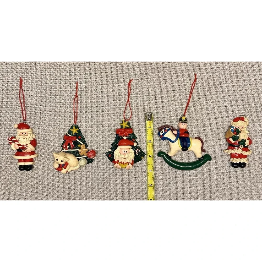 5 Polymer Clay Ornaments Christmas Tree Cat Rocking Horse Santa Nostalgic CUTE